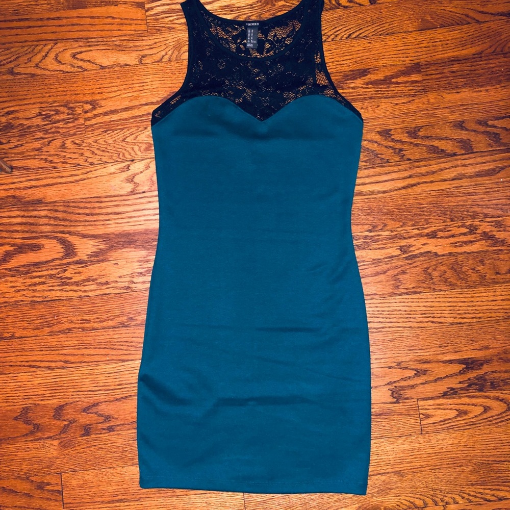 Hunter Green BodyCon dress with black lace neck